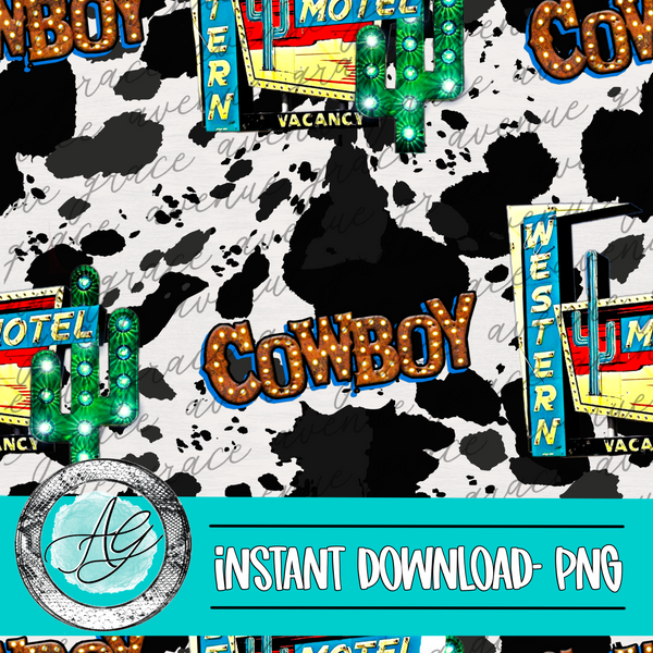 Cowprint Cowboy Motel Seamless Pattern