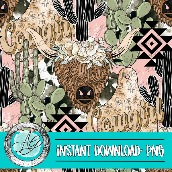 Highland Cowgirl Seamless Pattern