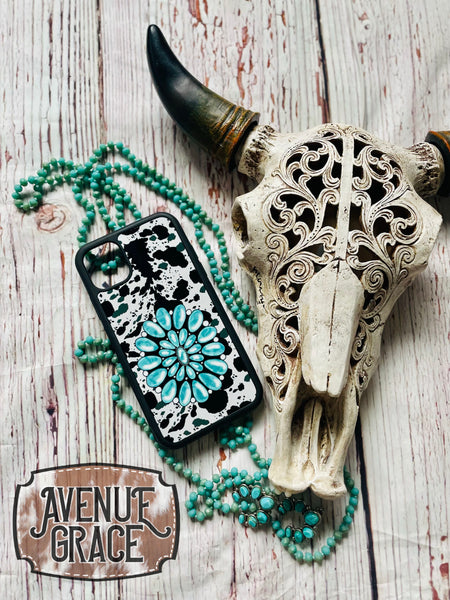 Cowprint and turquoise phone case