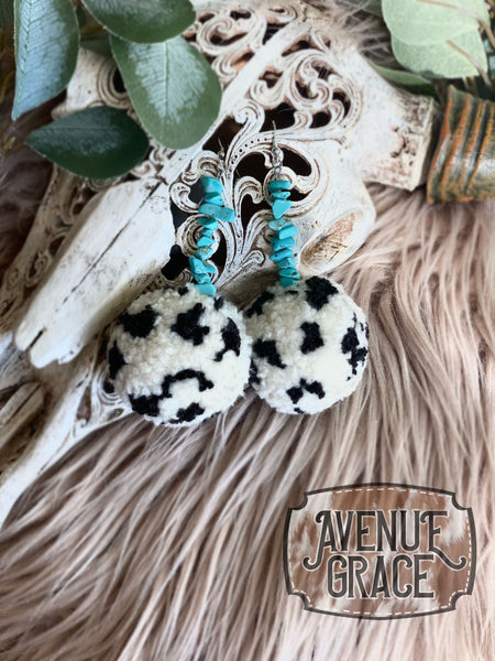 Black and White Cowprint Turquoise Stones Pom Pom Earrings
