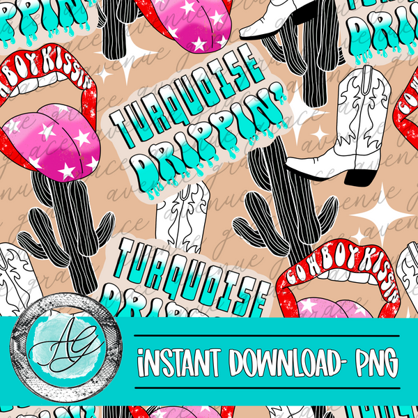 Cowboy KISSIN turquoise Drippin seamless pattern